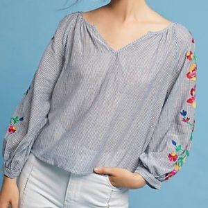 Anthropologie Floreat striped flower embroidered peasant shirt small
